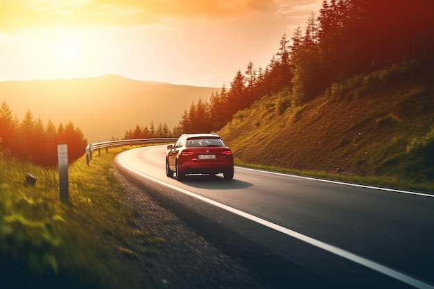 A car driving on a winding road with the sun setting | Sanderson Auto Repair